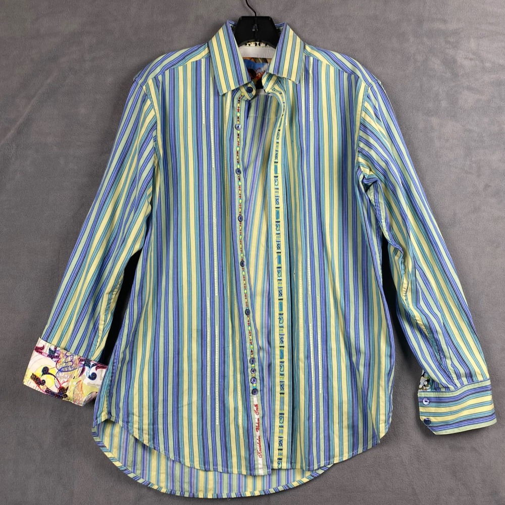 Robert Graham Mens Striped Button Down Shirt Blue Yellow Guitar Cuffs Size Small - Picture 1 of 10